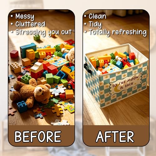 Moon and Stars Nursery Foldable Storage Bins Box with Handles, to the Moon and Back Checkered Collapsible Foldable Basket Organizer for Kids Bedroom Bathroom Playroom Clothes Books - color: kid-21