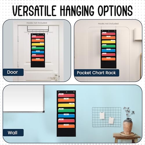 Essex Wares - 7 Pocket File Pocket Chart, Black, Tall - Versatile Wall Hanging File Folder Organizer for Classroom, Office, Home, and More - Wall Folder Organizer - 7 Pockets - size: 7 Pocket