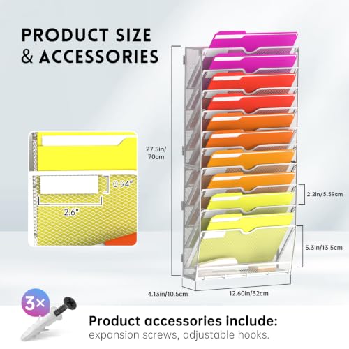 11-Tier Wall File Organizer, Wall File Holder Mesh Mail Organizer for Papers, Folders, Letters, Magazine Rack for Office Home Classroom, White - size: 11Tier-White-1Pack