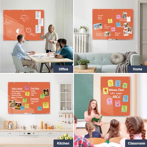 Glass White Board Dry Erase Board, 48x36 Inches Magnetic Glass Whiteboard, Large Dry Erase Board for Wall Office School Classroom Home, 4x3 Feet Orange Big Whiteboard Wall Mounted