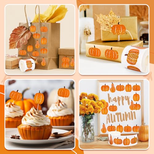 Whaline Fall Thanksgiving Pumpkin Stickers Roll Holographic Assorted Orange Pumpkin Seal Stickers Waterproof Self-Adhesive Decals for Envelope Scrapbook Autumn Party Supplies, 500 Pcs - style: Pumpkin 2