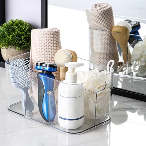 5-Compartment Clear Plastic Bin - Divided Art Supplies, Cosmetic Makeup Caddy Organizer - Multiuse Storage Container for Vanity, Bathroom, Kitchen, Office, Craft, Shower, Cleaning Items, (1 Pack)