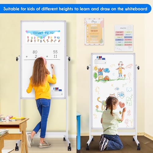 maxtek Rolling White Board, 48 x 32 Height Adjustable Whiteboard on Wheels, Large Magnetic Standing Mobile Easel Board, Double-Sided with Stand for Office, Home, and Classroom - style: 48x32 in Silver