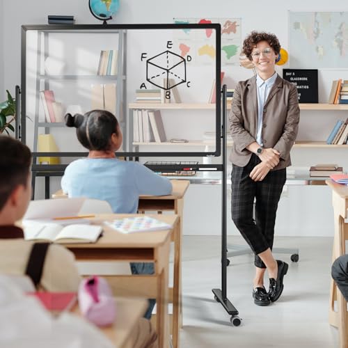 Mobile Clear Glass Whiteboard on Wheels - TANKEE 48" x 32" Dry Erase Board with Stand, Large Rolling White Board with 25 Sheets Paper Pad, Transparent Tempered Glass Board for Office Home School - color: Clear Glass Board - B, size: 48"x32"