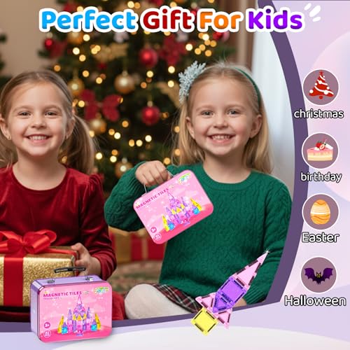SKTMYY Travel Magnetic Tiles Set for Girls,Pink Mini Portable Magnet Toys with Iron Case,Travel Toys for Kids Ages 4-8,Ideal Toddler Birthday Valentines Day Gifts - style: Girls Magnetic Tiles