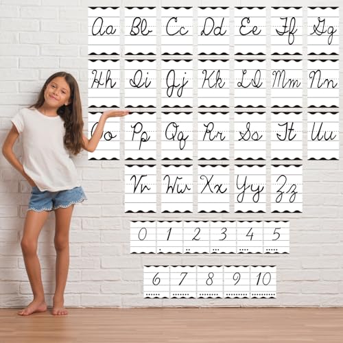 Gilprop Black and White Wave Bulletin Board Alphabet Letters, 37 Pcs Cursive Abc Alphabet Poster Classroom Decor Set Preschool Kindergarten Primary School Classroom Wall Decor Homeschool Supplies - style: Black and White Wave