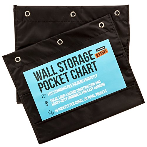 IMPRESA Deep File Pocket Chart - 47 x 14 in, Black - 2-Pack 20-Pocket Chart for Classroom Folders - Reinforced Grommets & Wall File Holder for Teachers