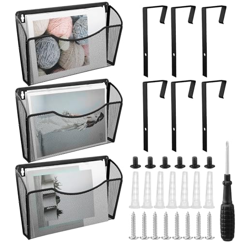 Tenceur 3 Pcs Mesh Letter Wall File Folder Cubicle File Holder Hanging Wall Mounted File Holder 3 Pocket Vertical File Organizer for Office Home Room Storage Basket(13.19 x 12.2 x 3.07 Inch,Black)