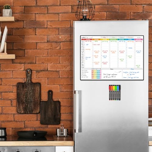 Magnetic Dry Erase Weekly Calendar for Fridge - Large 17"x12" Magnetic Weekly Planning Board with Hourly Time Slots - 6 Extra Fine Point Markers Included - style: Week
