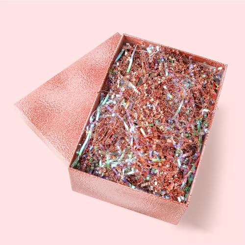 PAPER FAIR Metallic Iridescent Rose Gold Crinkle Cut Paper Shredded Filler, 5OZ Rosy Pink Gold Grass Raffia Tissue, Strands Shred Craft Bedding Cushion Paper, for Christmas Wedding Mothers Day Bridesmaid Engagement Gift Boxes Bags Retail Decoration - colo