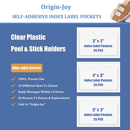 Origin-Joy 25 PCS Self-Adhesive Index Label Pockets, Clear Plastic Peel & Stick Card Holders with Top Open for Loading (2 x 2.25 inch) - size: 2 x 2.25 inch, style: Vertical