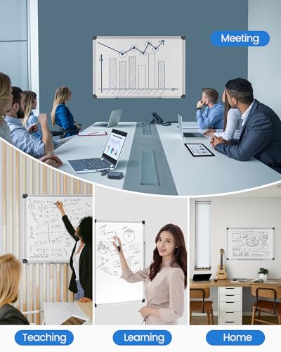 Magnetic White Board Hanging 18" x 12" for Wall, Small Dry Erase Board for Kids, Kitchen, Office, Includes 1 Eraser, 2 Markers, 4 Magnets, Pen Tray, Silver Aluminum Frame