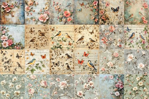 FLONZ Scrapbook Paper (24 sheets 6"x6") Vintage Blossom Birds ~ A delicate collection of floral and songbird illustrations in aged pastel tones with distressed textures and soft painterly charm