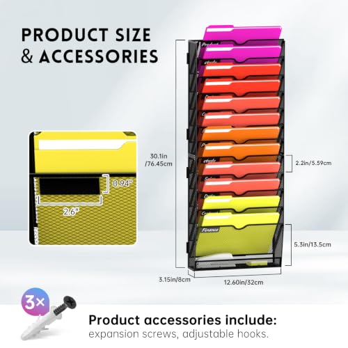 13-Tier Wall File Organizer, Wall File Holder Mesh Mail Organizer for Papers, Folders, Letters, Magazine Rack for Office Home Classroom, White - size: 13Tier-Black-1Pack