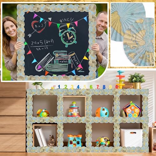 Panelee Map Paper Fans Border 68.9 Feet Bulletin Board Border Butterflies Flowers Bee Space Inspirational Cute Decor for Classroom Bulletin Boards Chalkboard Wall Decor - style: Map