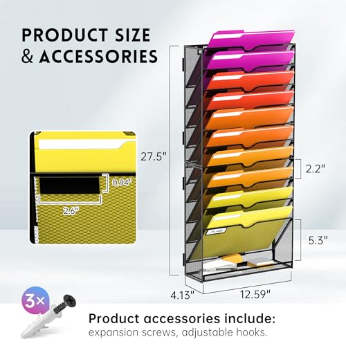 11-Tier Wall File Organizer, Wall File Holder Mesh Mail Organizer for Papers, Folders, Letters, Magazine Rack for Office Home Classroom, Black - size: 11Tier-Black-1Pack