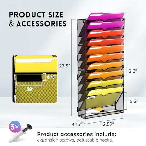 11-Tier Wall File Organizer, Wall File Holder Mesh Mail Organizer for Papers, Folders, Letters, Magazine Rack for Office Home Classroom, Black 2 Pack - size: 11Tier-Black-2Pack