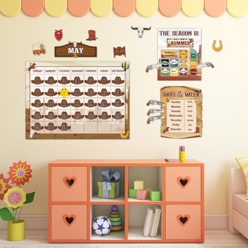 Western Cowboy Calendar Bulletin Board Set for Classroom Decoration Wild Western Calendar Seasons Weather Chart Brown Cowboy Bulletin Board Paper-Cuts for Teachers Elementary School Classroom - style: Western Cowboy