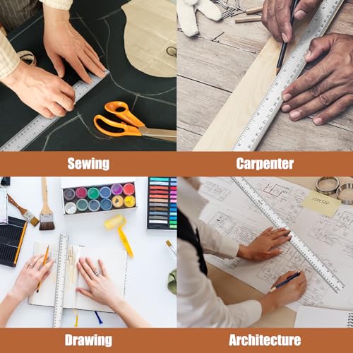 36 Inch Metal Ruler, Stainless Steel Straight Edge Ruler with Cork Backing, Non-Slip Imperial & Metric Measuring Tool for School, Office, Woodworking, Drafting - style: 36"Single