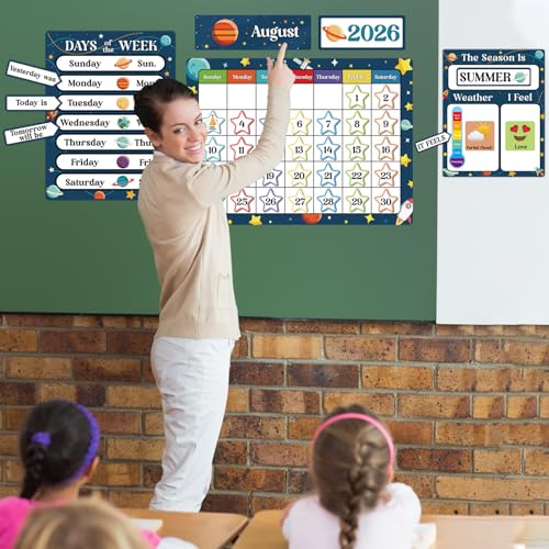 122pcs Outer Space Classroom Calendar Bulletin Board Decorations with Seasons Weather Festivals School Year Calendar for Back to School Elementary Classroom Must Haves