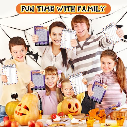 COCHIE 30 Players Halloween Party Games for Adults Family Office Large Groups, Horror Movie Name Pictionary Game, Riddle Game, Word Search Games with Answer Key (Halloween Purple) - style: Halloween Purple