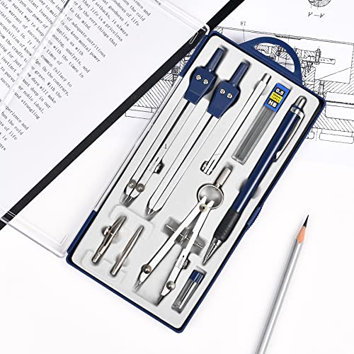 Unjoo 9Pcs Precision Geometry Set Metal Compass, Geometry Tool Tool Set with Shatterproof Storage Box, Circle Drafting Tool and Architecture, Drafting Kits for Engineers Students(Blue) - color: Blue