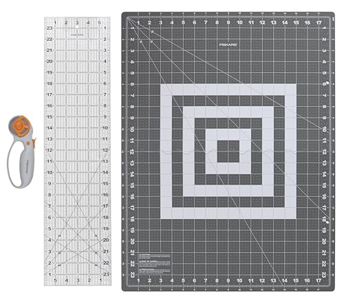 Fiskars Loop Set, Rotary Cutter with 45mm Steel Blade, Sewing Ruler for Precise Measures, Folding Cutting Mat for All Fabric Cutting Needs, Grey