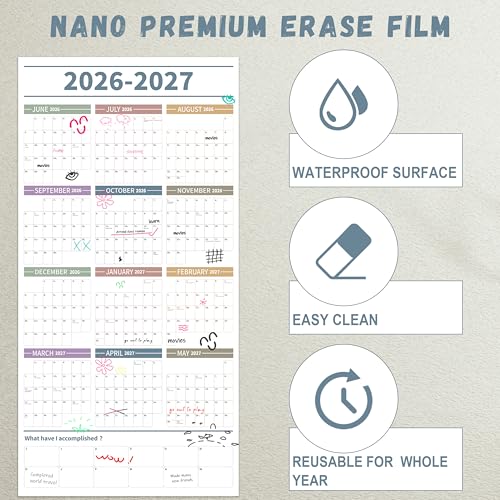 GuassLee Large Yearly Wall Calendar 2026-2027, Full Year Calendar One Page, Jun. 2026- May 2027, Annual Wall Calendar 2026, 24"X 48" Wall Calendar 2026 Large with Foam Stickers - color: Jun White