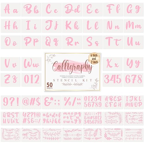 Patemby 50PCS Calligraphy Stencil Template Kit - 4 Inch and 2 Inch Letter Stencils and Numbers, Plastic Alphabet Stencils for Crafts Reusable for Arts Crafts Painting Wood