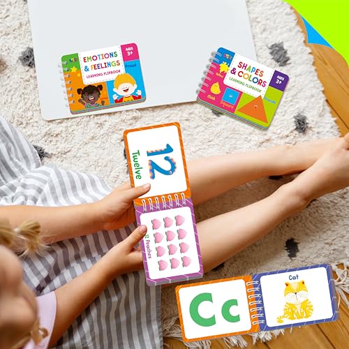4 Preschool Learning Flipbooks, 96PCS Double Sided Printed Cards Set, Alphabet Letter A-Z, Number 1-20, Feelings and Emotions, Shapes and Colors Mini Board Books Set Early Educational Tool for Kids - style: Letter/Number