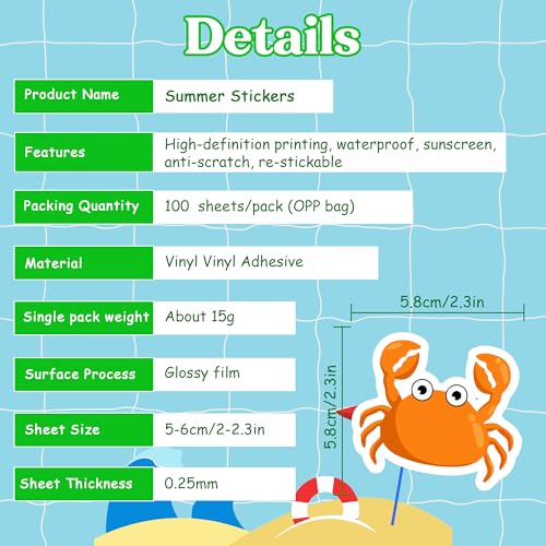OHOME Summer Stickers | 100 PCS Hawaiian Beach Stickers for Kids - Vinyl Summer Games Toys Gifts Activities Party Favors Supplies - Tropical Crafts Bulk for Classroom Home - Travel Essential for Kids - style: Summer