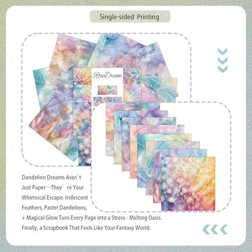 Dreamy Dandelion Feather Pearl Scrapbook Paper Pad - 24 Sheets Soft Pastel Gradient Designs - 15x15cm Square Craft Paper for Junk Journal Decoupage - color: Rainbow Feathers