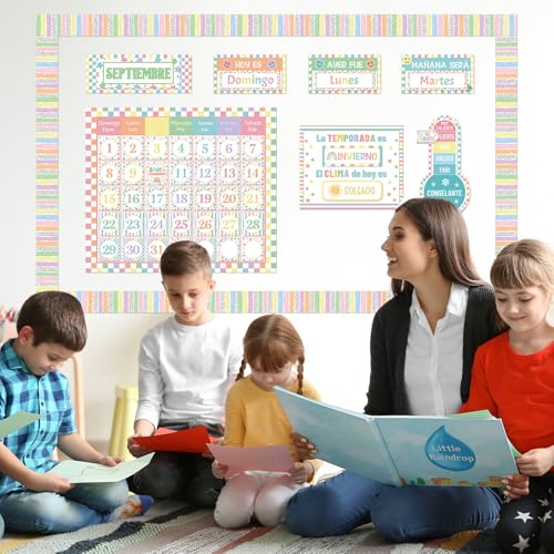 AmazingSpark 85 Pcs Spanish Pastel Classroom Calendar Bulletin Board Set for Teachers Seasons Weather Days of the Week Chart Bulletin Board Calendar Set for Back to School Classroom Decoration