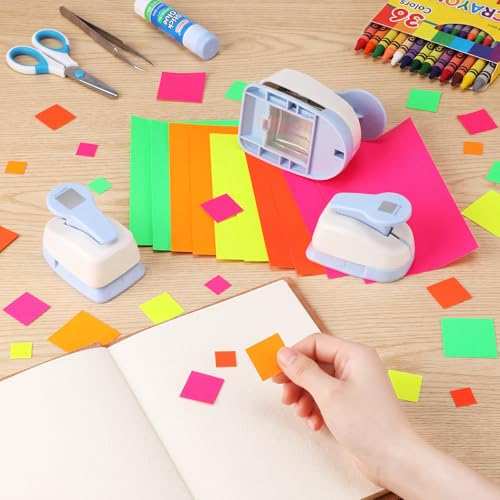 CHENGU 3 Pack Craft Paper Punch Square 2, 1 and 5/8 Inch Punch Paper Punchers Round with 10 Pcs Sticker, Cutter Blue for Card Making Scrapbook DIY Albums Photos Office Supplies - color: Light Blue, style: Square