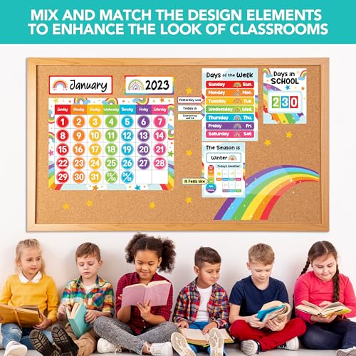 Decorably 147 Pcs Cutouts Vibrant Rainbow Classroom Calendar Set with Borders - Gloss-Laminated Cardstock for Elementary & High School Decoration, Hallways, Study Room