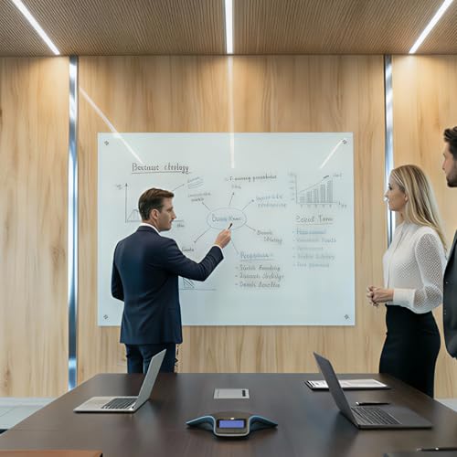 Glass Whiteboard 48" x 30", Frameless Wall Mounted Dry Erase Board with Tempered Glass Surface, Steel-Backed Magnetic Support, Tray, Eraser, Markers & Magnets for Office, School, Home - size: 48"W x 30"H