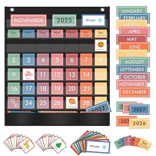 ZKOO Rainbow Calendar Pocket Chart with 97 Educational Cards, Large 20"x23.6" Weather Calendar Pocket Chart Perfect for Preschool Homeschool Learning, Monthly Calendars with 3 Storage Pockets (Black) - color: Rainbow Calendar