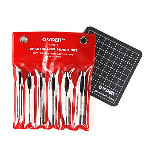 OWDEN 6 Pieces Hollow Hole Punch Set (1/8" - 5/16"),Leather Punch Tools, with A Free Cutting MAT - size: 6 Pieces
