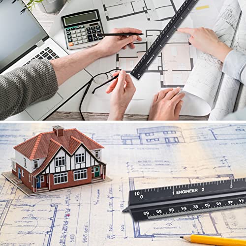 Architectural and Engineering Scale Ruler Set, Imperial Measurements 12'', Black Laser-Etched Aluminum Architect Triangular Ruler for Architects, Students, Draftsman, and Engineers - style: Black-A&E