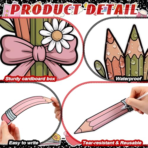 Boho Pencil Classroom Bulletin Board Decor Set Welcome Back to School Pencil Cutouts with Bow & Daisy Die-Cut Border Trims for School Wall Door Teacher Supplies, Preschool, Kindergarten