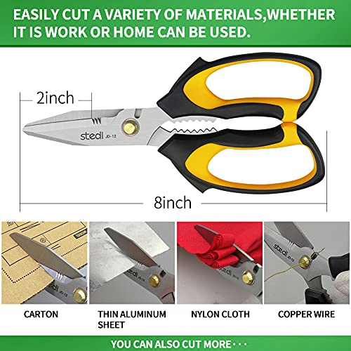 Stedi Scissors Heavy Duty 8-Inch,Multipurpose Scissors,Sharp Stainless Steel Shears with Serrated Edge & Protective Cover,Non-Slip Handle,Easy Cutting Cardboard, Carpet,Leather, Fabric, Wires, Yellow - style: JD-12(Straight-Blades)