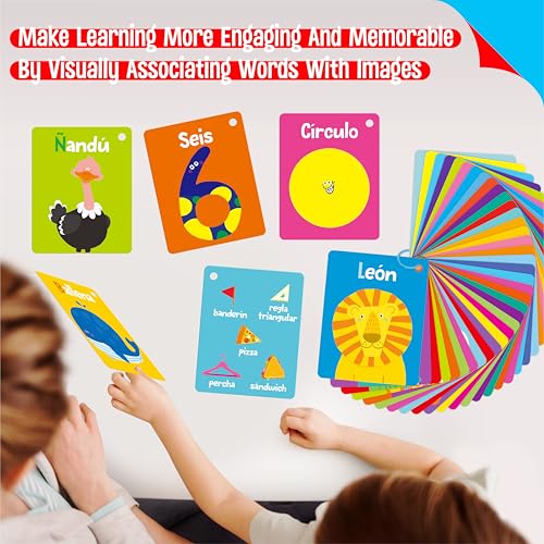 110 PCS Early Learning Flashcards, Double-Sided Spanish Cards- Alphabet, Numbers, Foods, Animals, Shapes, Colors, Emotions with 4 Reclosable Rings, Learning Tool for Pre-K Kindergarten Toddlers - style: Spanish Cognitive Flashcards - 110 Pcs