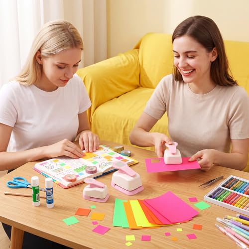 CHENGU 3 Pack Craft Paper Punch Square 2, 1 and 5/8 Inch Punch Paper Punchers Round with 10 Pcs Sticker, Cutter Pink for Card Making Scrapbook DIY Albums Photos Office Supplies - color: Light Pink, style: Square