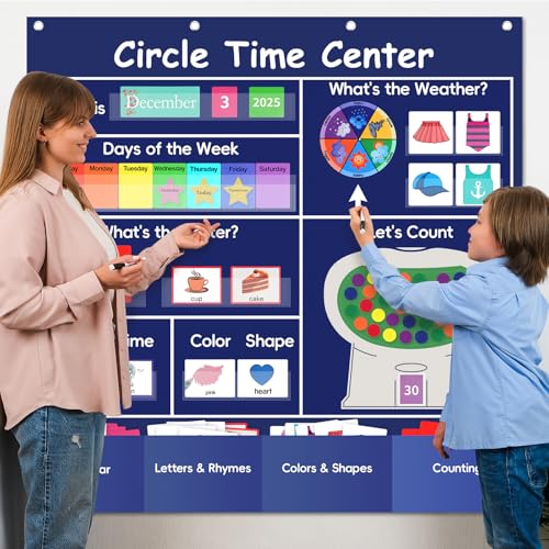 Circle Time Learning Center Classroom Pocket Chart, Circle Time Calendar Preschool Include 224 Cards, Educational Pocket Chart Material, Learning Calendar Weather Letter Counting Color Shape - color: Blue