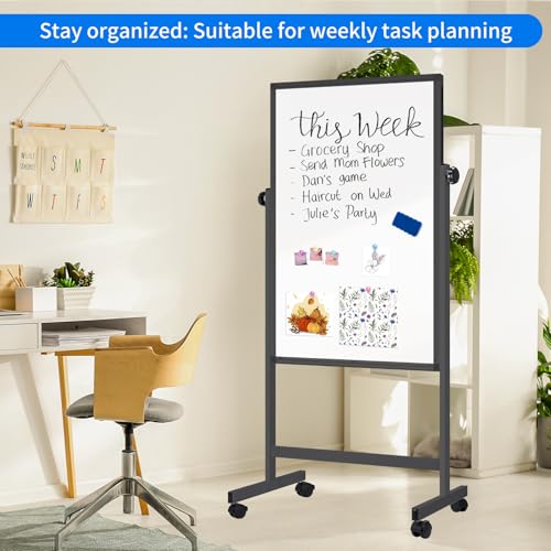 maxtek Rolling White Board, 48 x 32 Height Adjustable Whiteboard on Wheels, Large Magnetic Standing Mobile Easel Board, Double-Sided with Stand for Office, Home, and Classroom(Black) - style: 48x32 in Black
