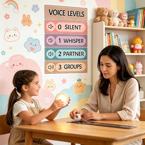 5 Pcs School Push Light and Magnetic Voice Level Poster Sticker, LED Tap Lights Voice Level Chart Noise Monitor Rules for Classroom Teacher Back to School Supplies (Leaf) - color: Leaf