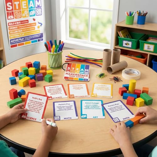 4 1/2" x 5 1/2" Grades K-2 STEM Makerspace Laminated Cardstock Task Cards on Ring