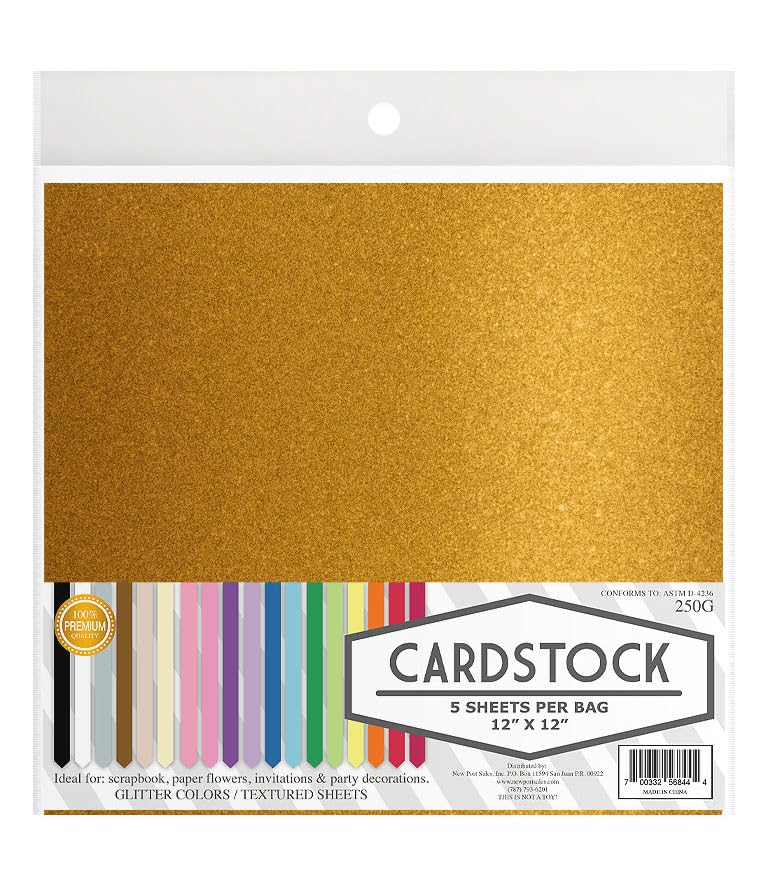 Glitter Crafting Cardstock, 22 Color Choices, 250g. 12" x 12" Inch, 5 Premium Sheets (Gold) - color: Gold