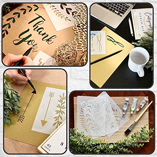 Boutique Calligraphy Stencil Template Kit | 45 Reusable Pieces | Lettering Upper, Lowercase, Large & Small | Numbers, Punctuation, Laurels and Flowers - For Arts Crafts Painting Wood (Calligraphy Kit) - style: Calligraphy Stencils