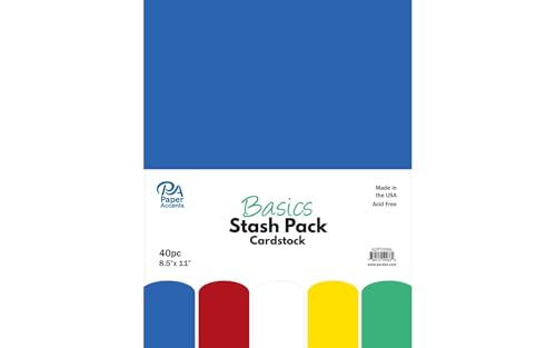 PA Paper Accents Stash Pack Cardstock Pack 8.5" x 11" Basics, colored cardstock paper for card making, scrapbooking, printing, quilling and crafts, 65lb., 40 pieces - color: Yellow,Blue,White,Green,Red